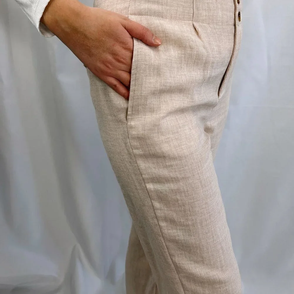 Cropped lightweight woven khaki straight leg high waisted trousers - Picture 5 of 5